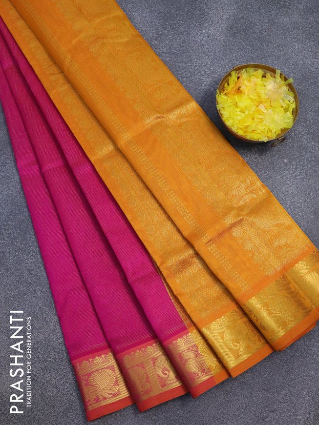 Silk cotton saree pink and mustard yellow with allover vairosi pattern and annam & elephant zari woven border