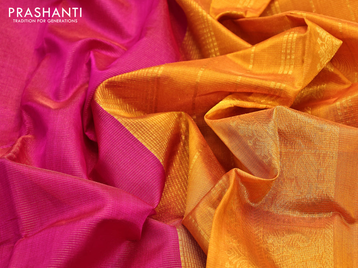Silk cotton saree pink and mustard yellow with allover vairosi pattern and annam & elephant zari woven border