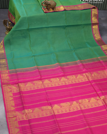 Silk cotton saree green and pink with allover vairosi pattern and annam zari woven border