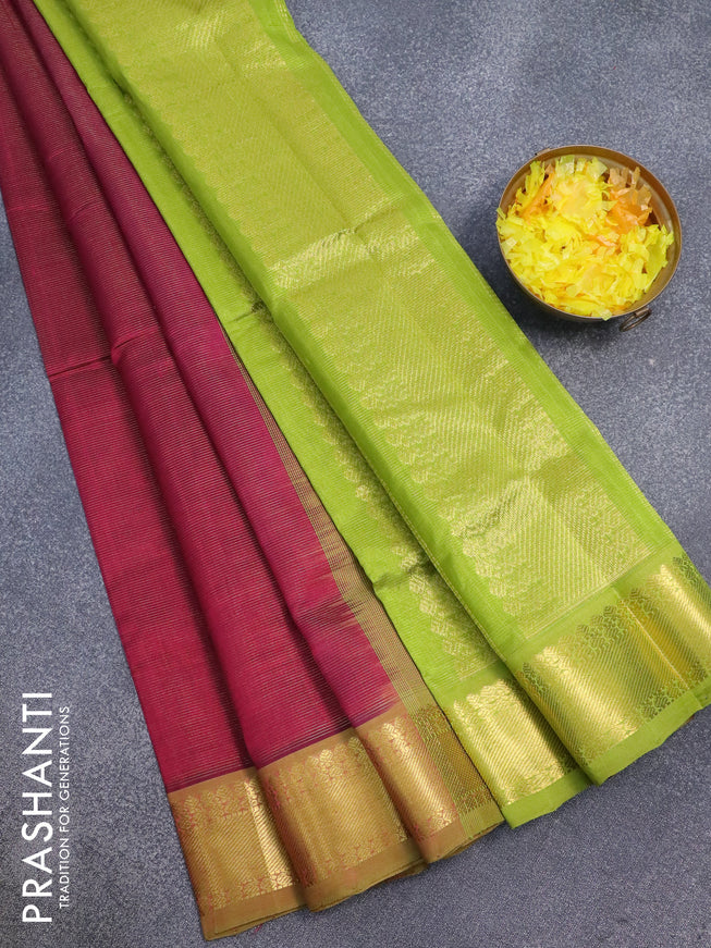 Silk cotton saree dark magenta and light green with allover vairosi pattern and zari woven border