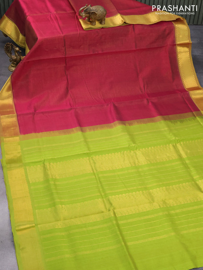 Silk cotton saree dark magenta and light green with allover vairosi pattern and zari woven border