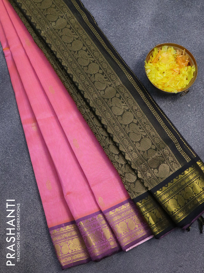 Silk cotton saree light pink and black with allover vairosi pattern & paisley zari buttas and annam & paisley zari woven border