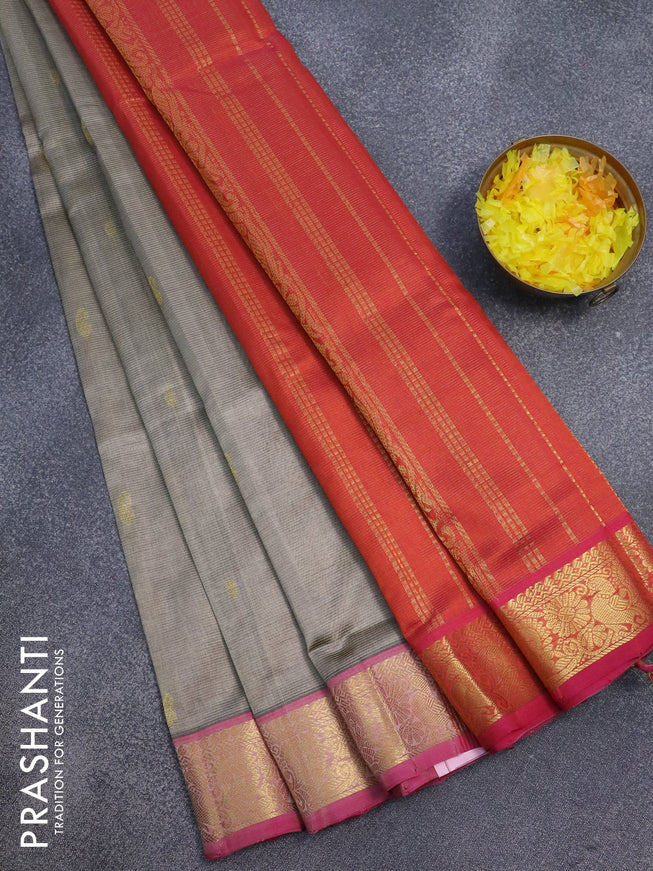 Silk cotton saree grey shade and dual shade of pinkish orange with allover vairosi pattern & paisley zari buttas and annam zari woven border