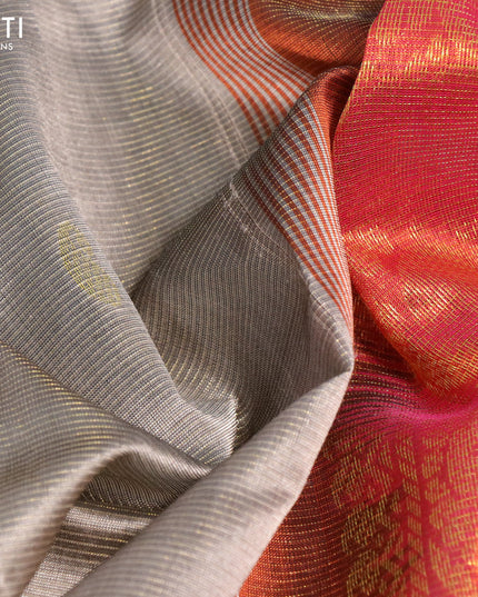 Silk cotton saree grey shade and dual shade of pinkish orange with allover vairosi pattern & paisley zari buttas and annam zari woven border
