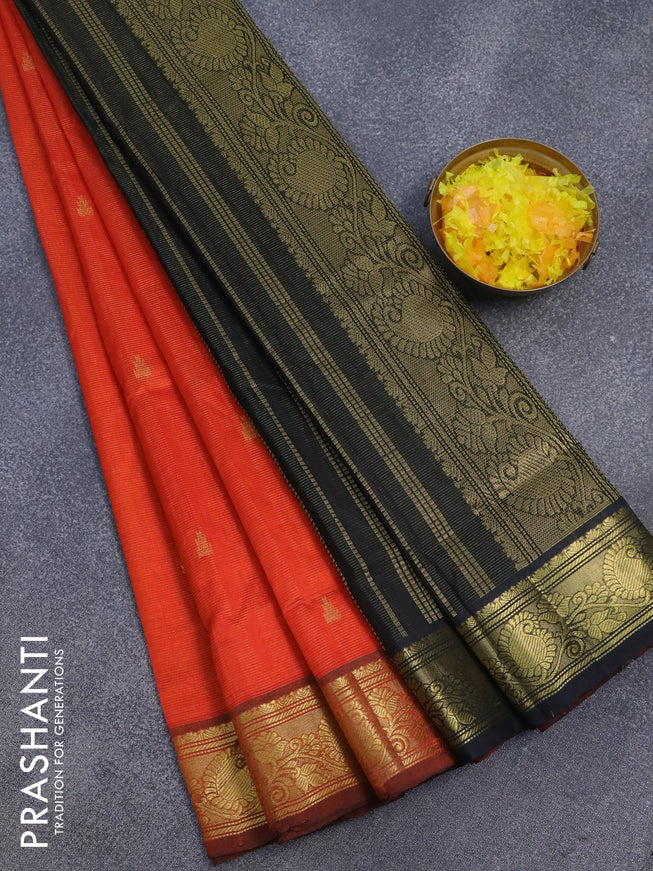 Silk cotton saree orange and black with allover vairosi pattern & temple zari buttas and paisley zari woven border