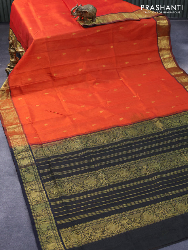 Silk cotton saree orange and black with allover vairosi pattern & temple zari buttas and paisley zari woven border