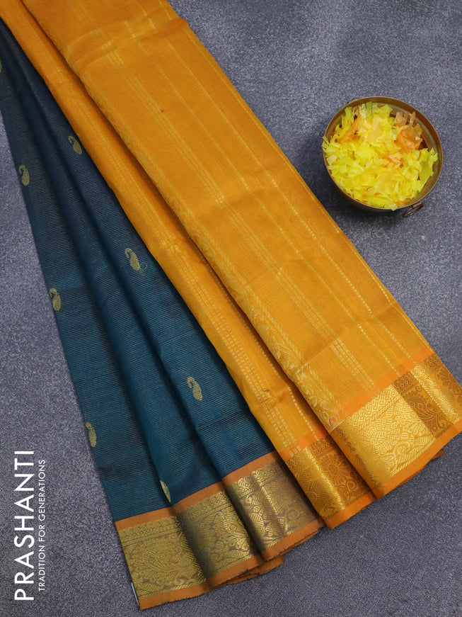 Silk cotton saree peacock blue and mustard yellow with allover vairosi pattern & paisley zari buttas and annam zari woven border