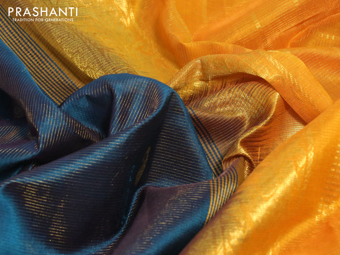 Silk cotton saree peacock blue and mustard yellow with allover vairosi pattern & paisley zari buttas and annam zari woven border