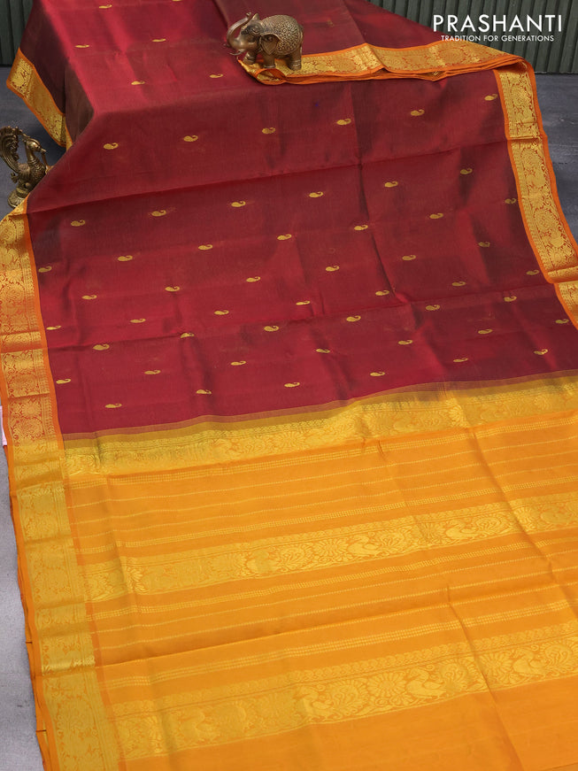 Silk cotton saree maroon and mustard yellow with allover vairosi pattern & paisley zari buttas and annam zari woven border