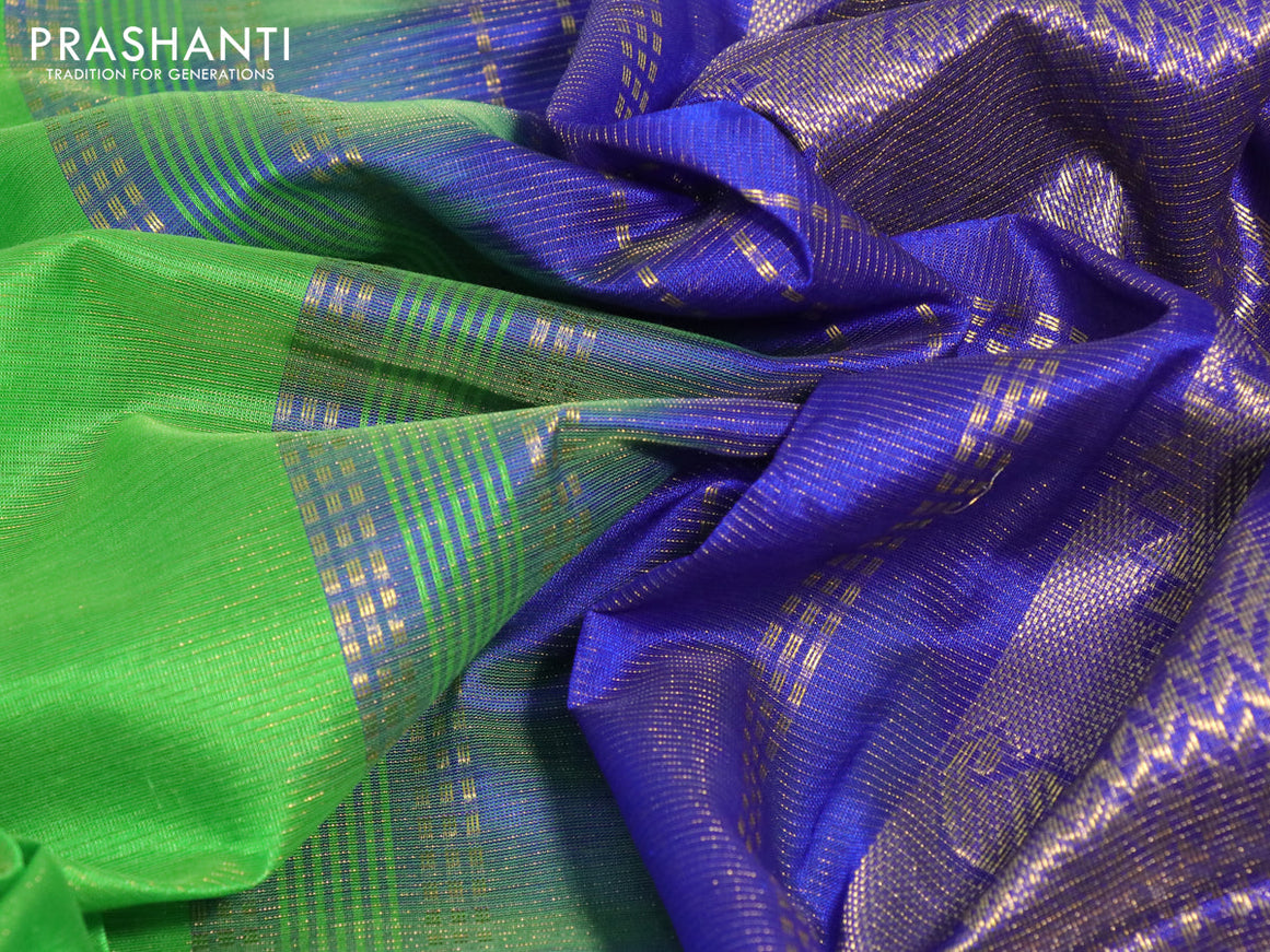Silk cotton saree parrot green and blue with allover vairosi pattern and zari woven border