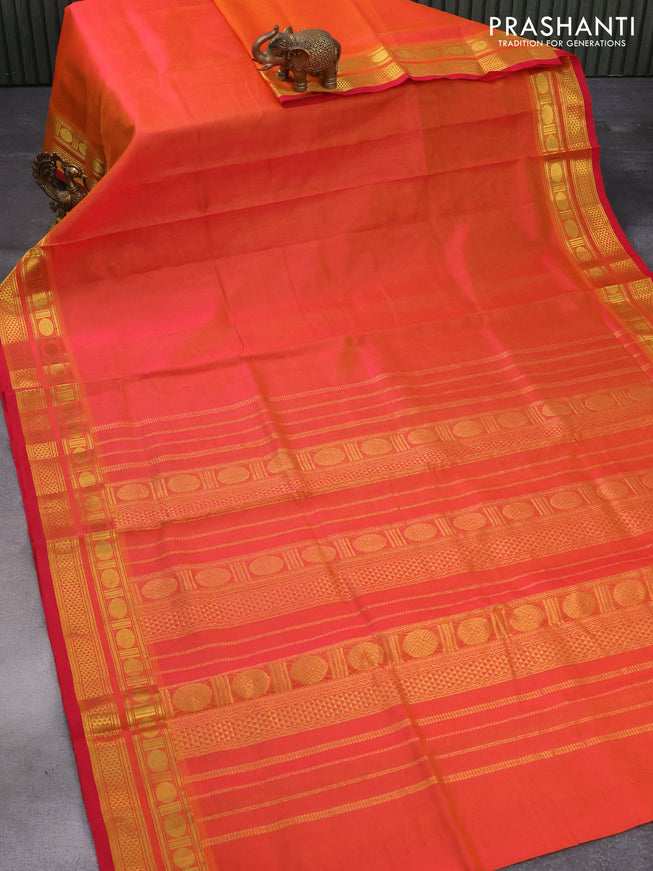Silk cotton saree dual shade of pinkish yellow with allover vairosi pattern and rudhraksha zari woven border