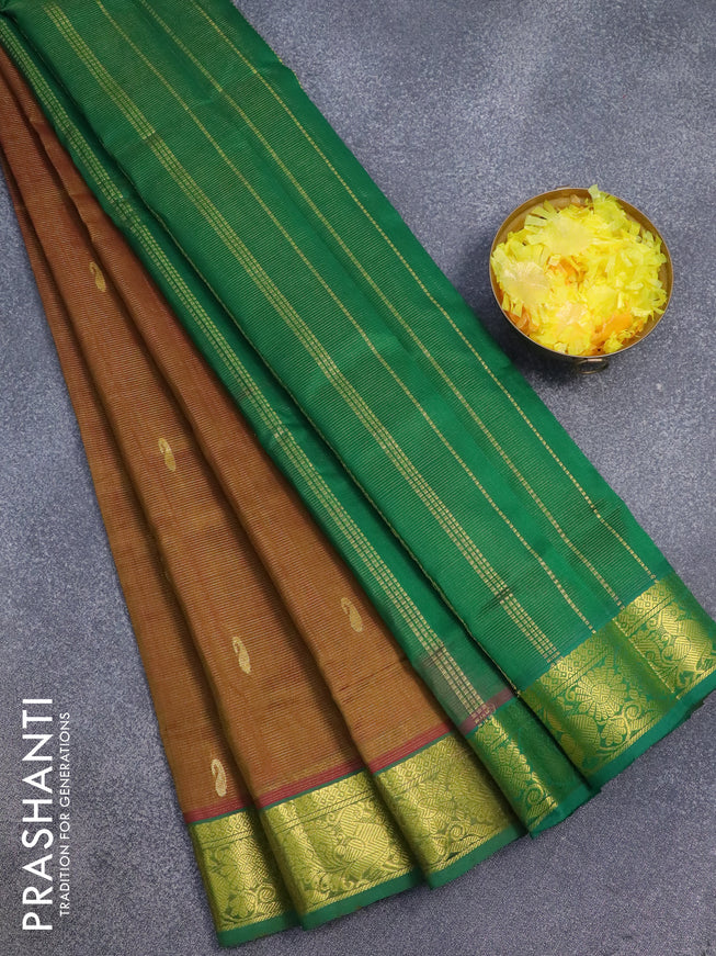 Silk cotton saree dual shade of dark mustard and green with allover vairosi pattern & paisley zari buttas and annam zari woven border