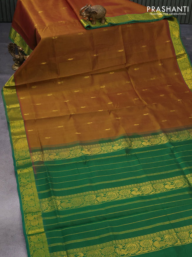 Silk cotton saree dual shade of dark mustard and green with allover vairosi pattern & paisley zari buttas and annam zari woven border