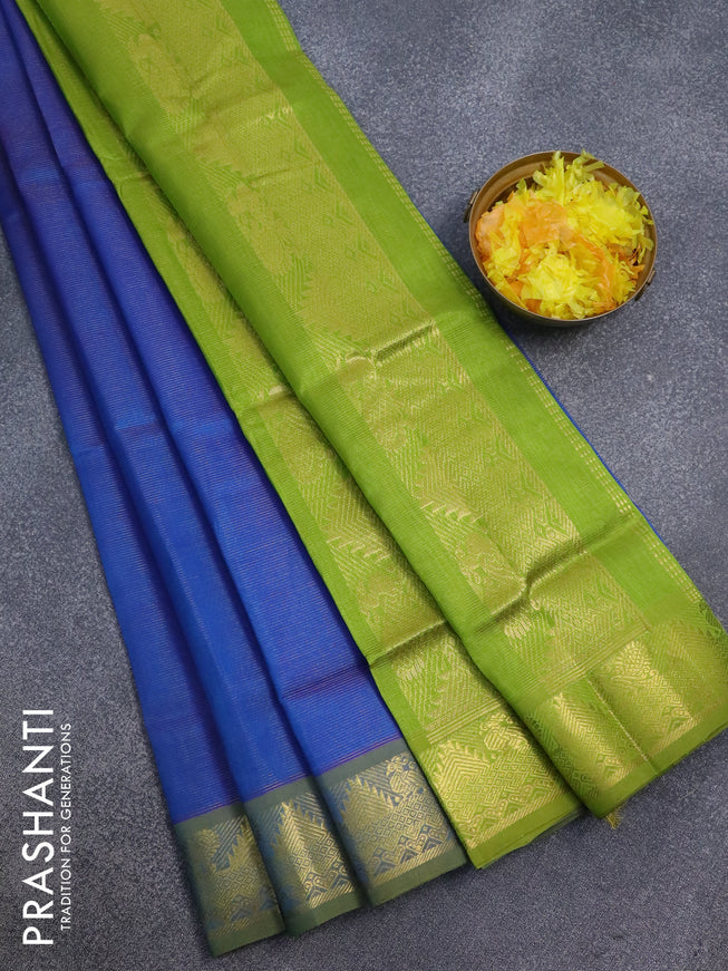 Silk cotton saree peacock blue and light green with allover vairosi pattern and annam & temple zari woven border