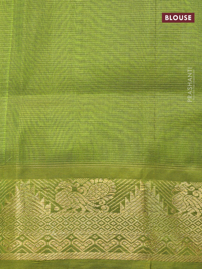 Silk cotton saree peacock blue and light green with allover vairosi pattern and annam & temple zari woven border