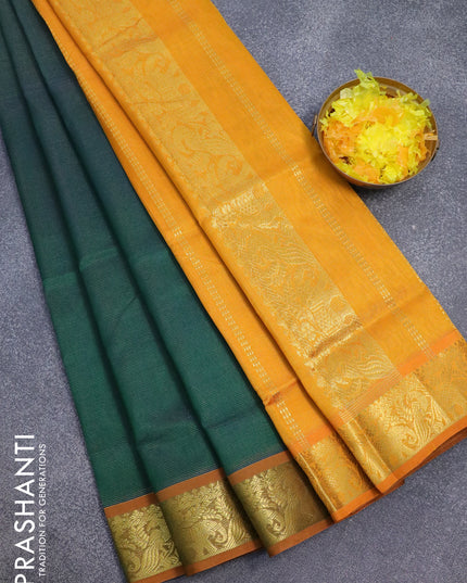 Silk cotton saree green and mustaed yellow with allover vairosi pattern and peacock & elephant zari woven border