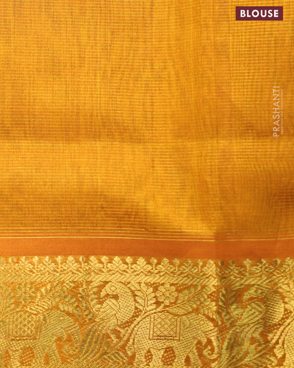 Silk cotton saree green and mustaed yellow with allover vairosi pattern and peacock & elephant zari woven border