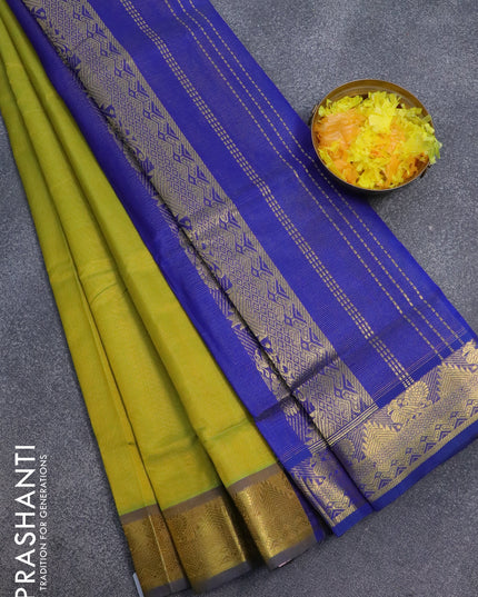 Silk cotton saree lime green and blue with allover vairosi pattern and annam & temple zari woven border