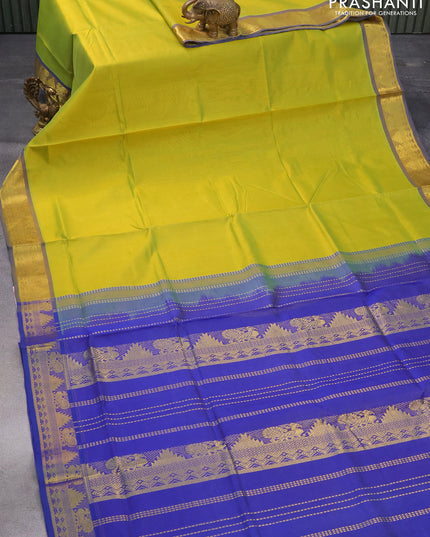 Silk cotton saree lime green and blue with allover vairosi pattern and annam & temple zari woven border