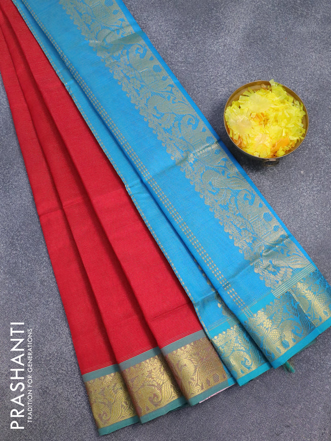 Silk cotton saree red and dual shade of blue with allover vairosi pattern and peacock & elephant zari woven border