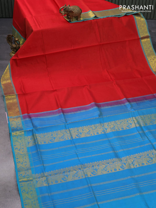 Silk cotton saree red and dual shade of blue with allover vairosi pattern and peacock & elephant zari woven border