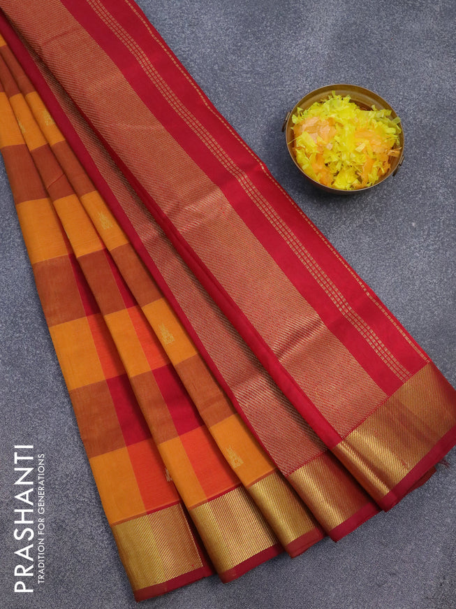 Silk cotton saree mustard shade and maroon with allover paalum pazhamum checks & zari buttas and zari woven border