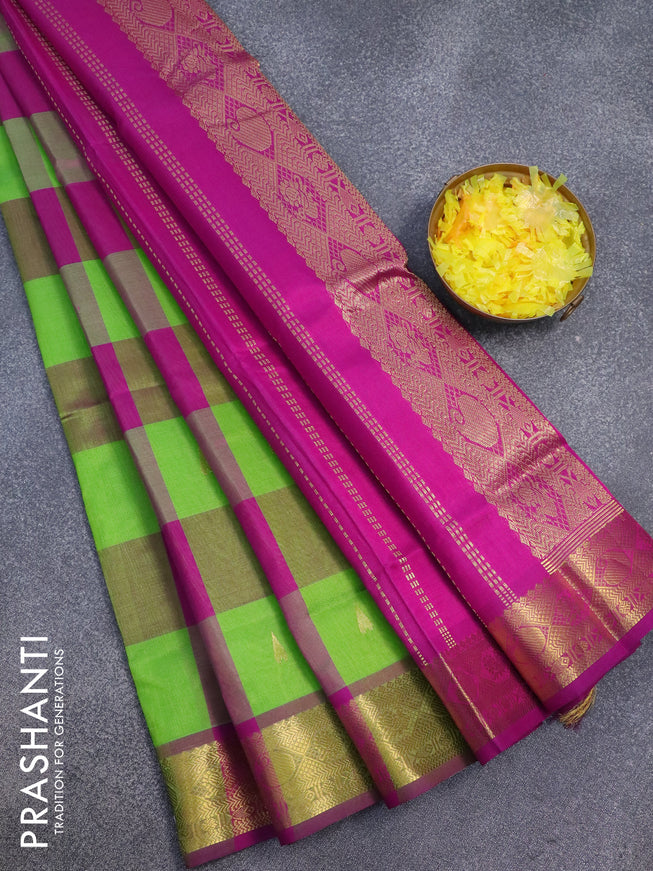 Silk cotton saree light green and purple with allover paalum pazhamum checks & zari buttas and zari woven border