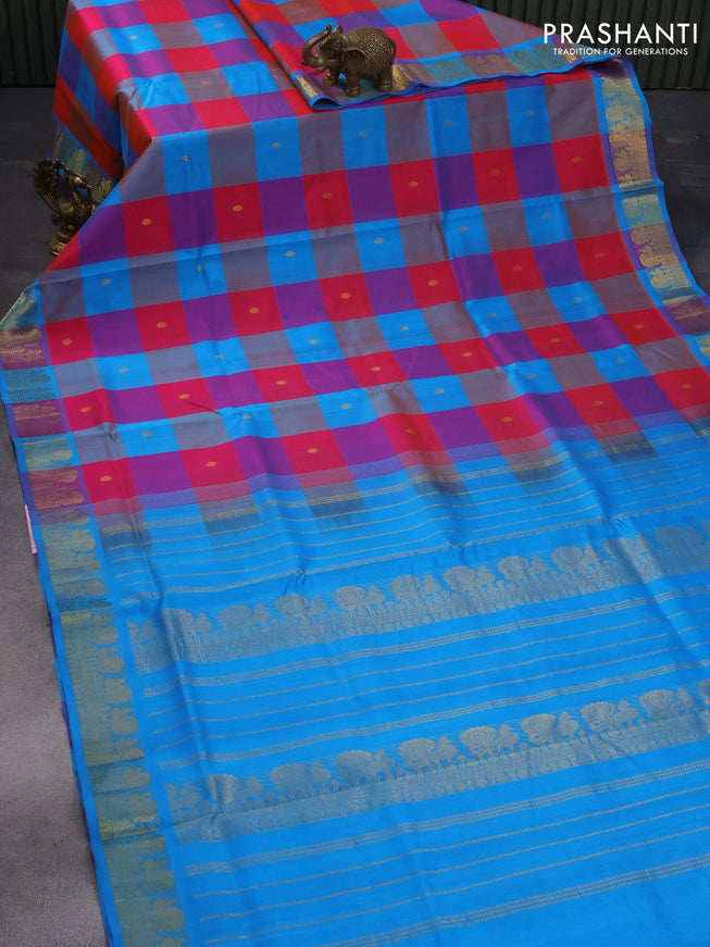 Silk cotton saree dual shade of pinkish orange and cs blue with allover paalum pazhamum checks & zari buttas and annam zari woven border