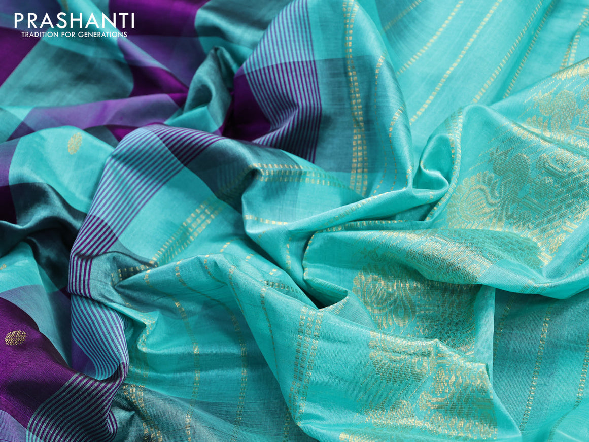 Silk cotton saree deep violet and teal blue with allover paalum pazhamum checks & zari buttas and annam zari woven border