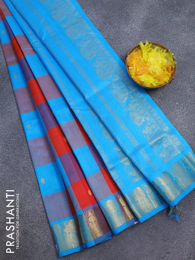 Silk cotton saree orange and cs blue with allover paalum pazhamum checks & zari buttas and annam zari woven border