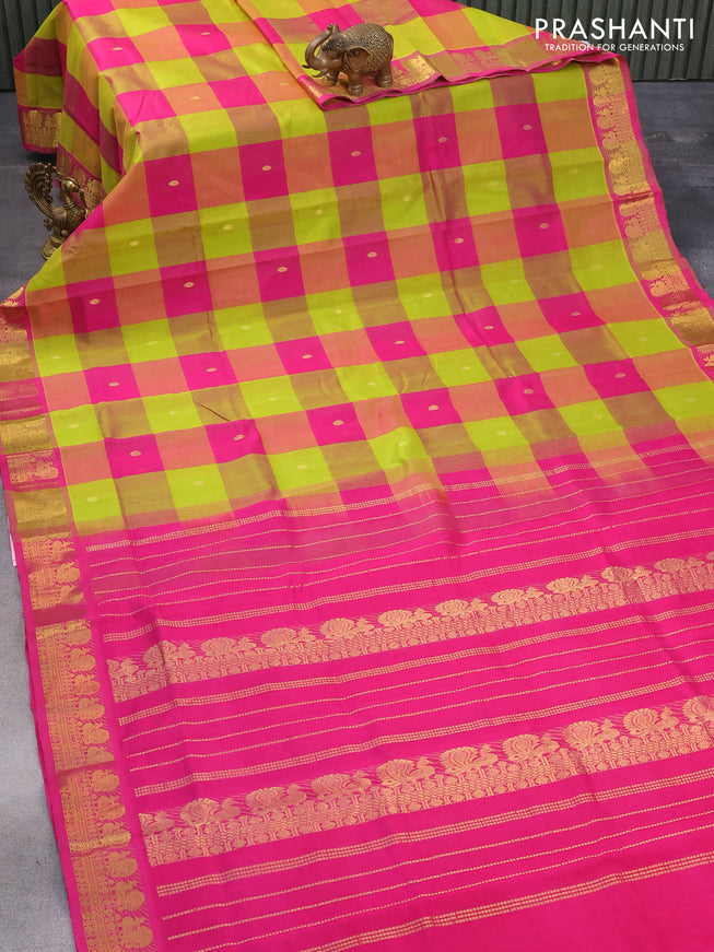 Silk cotton saree lime green and pink with allover paalum pazhamum checks & zari buttas and annam zari woven border