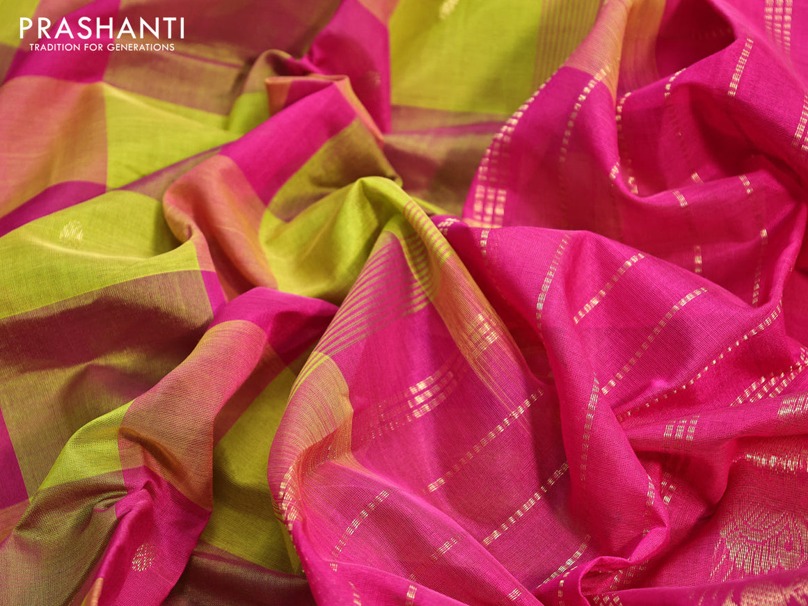Silk cotton saree lime green and pink with allover paalum pazhamum checks & zari buttas and annam zari woven border