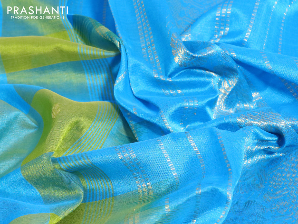 Silk cotton saree light green and cs blue with allover paalum pazhamum checks & zari buttas and annam zari woven border