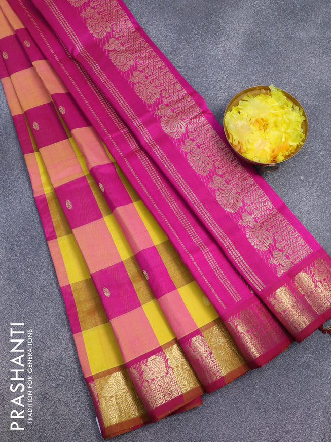 Silk cotton saree yellow and purple with allover paalum pazhamum checks & zari buttas and annam zari woven border