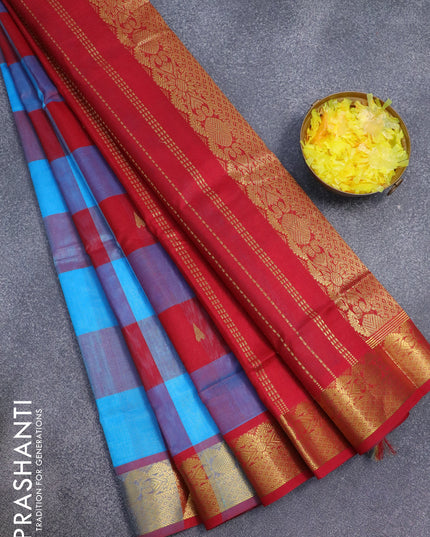 Silk cotton saree cs blue and red with allover paalum pazhamum checks & zari buttas and zari woven border