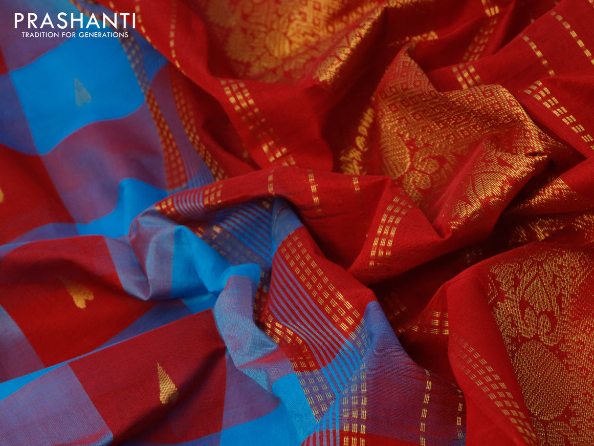 Silk cotton saree cs blue and red with allover paalum pazhamum checks & zari buttas and zari woven border