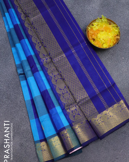 Silk cotton saree cs blue and blue with allover paalum pazhamum checks & zari buttas and zari woven border
