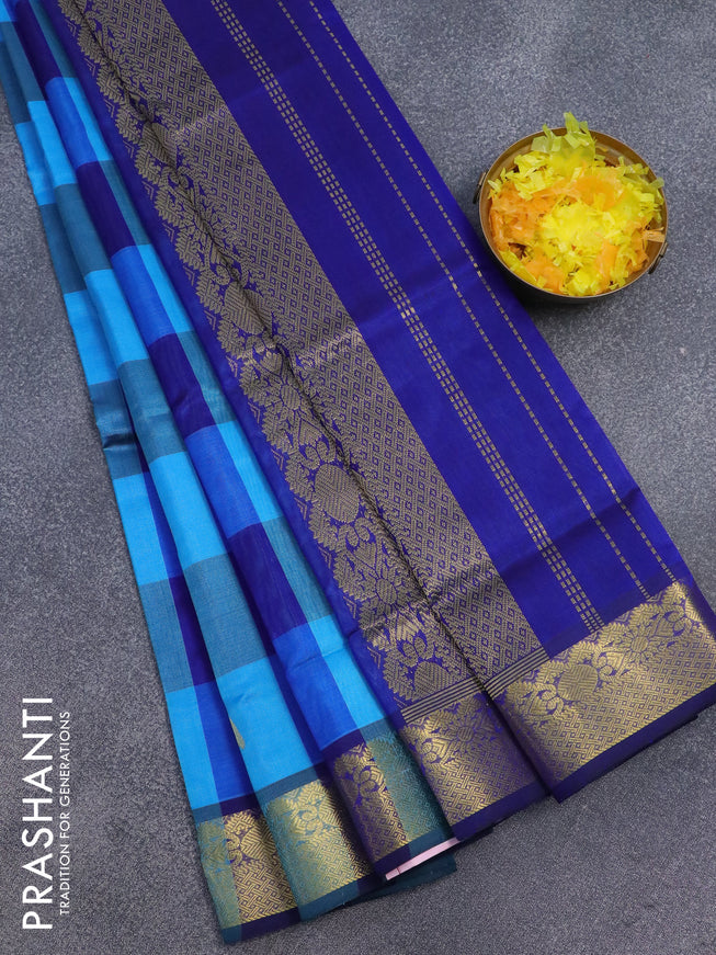 Silk cotton saree cs blue and blue with allover paalum pazhamum checks & zari buttas and zari woven border