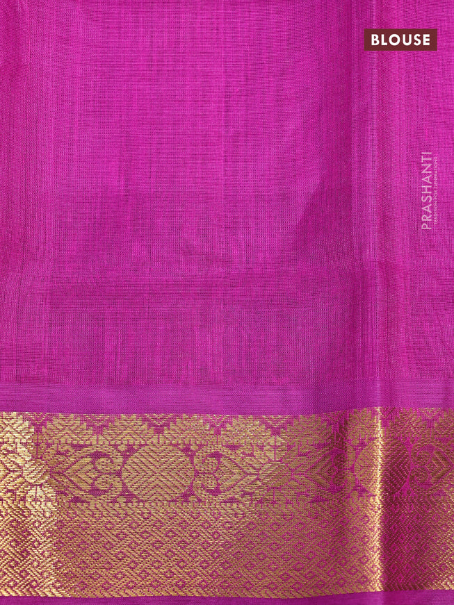 Silk cotton saree light green and purple with allover paalum pazhamum checks & zari buttas and zari woven border
