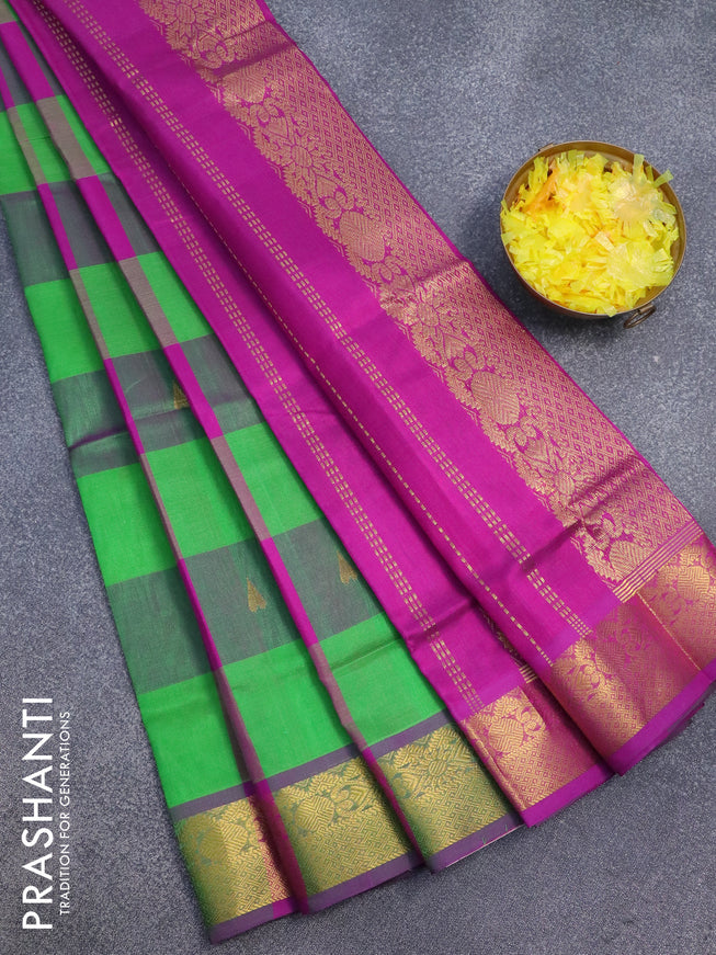 Silk cotton saree green and purple with allover paalum pazhamum checks & zari buttas and zari woven border