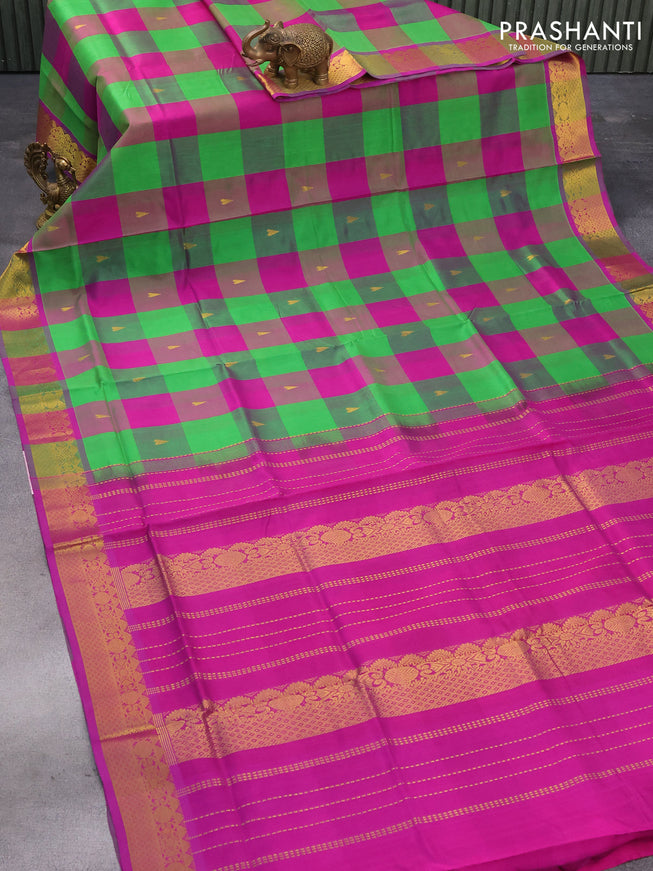Silk cotton saree green and purple with allover paalum pazhamum checks & zari buttas and zari woven border