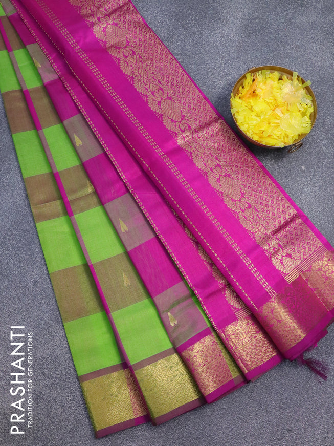 Silk cotton saree parrot green and purple with allover paalum pazhamum checks & zari buttas and zari woven border