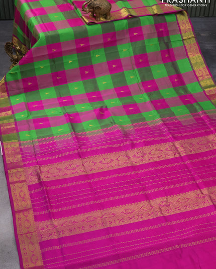 Silk cotton saree parrot green and purple with allover paalum pazhamum checks & zari buttas and zari woven border