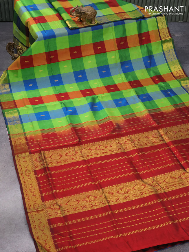 Silk cotton saree multi colour and maroon with allover paalum pazhamum checks & zari buttas and zari woven border