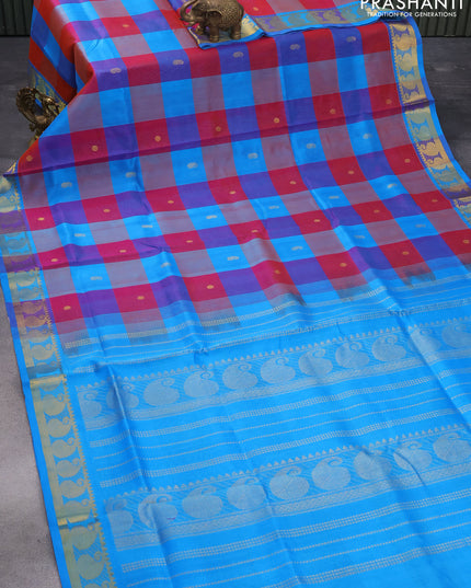 Silk cotton saree multi colour and cs blue with allover paalum pazhamum checks & zari buttas and paisley zari woven border