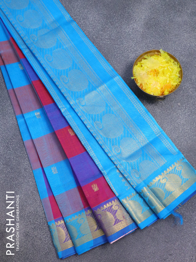 Silk cotton saree multi colour and cs blue with allover paalum pazhamum checks & zari buttas and zari woven border