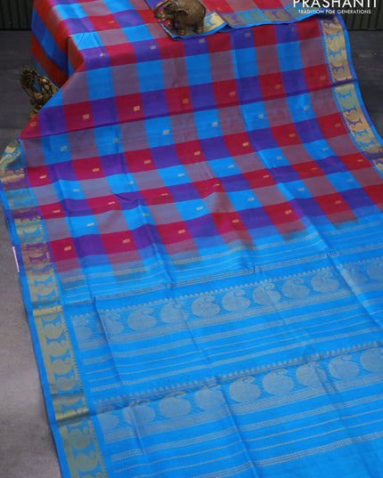 Silk cotton saree multi colour and cs blue with allover paalum pazhamum checks & zari buttas and zari woven border