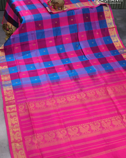 Silk cotton saree multi colour and pink with allover paalum pazhamum checks & zari buttas and annam zari woven border