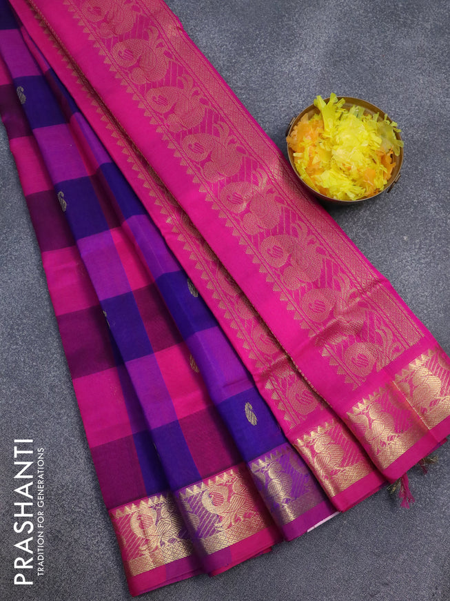 Silk cotton saree multi colour and pink with allover paalum pazhamum checks & paisley zari buttas and annam zari woven border