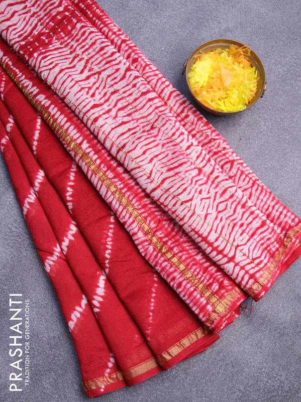 Chanderi bagru saree red with allover shibori prints and zari woven piping border